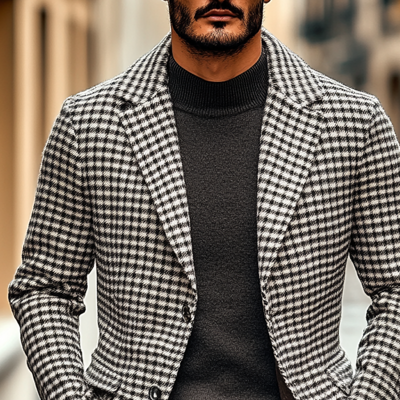 Men's Plaid Jacquard Lapel Button Mid-length Coat MTA2002K3X