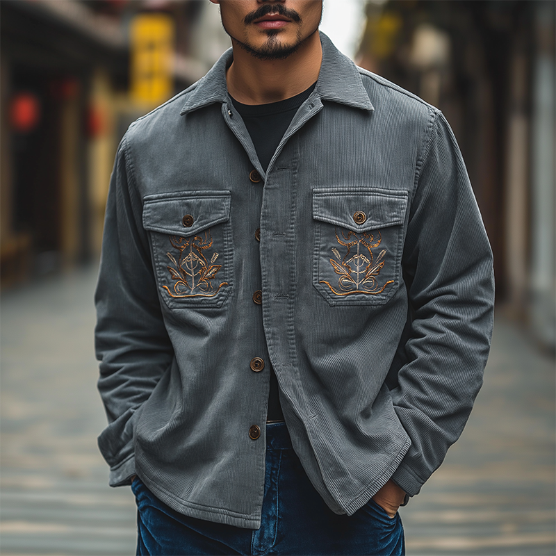 Men's Simple Retro Embroidered Corduroy Shirt MTA0507K1P