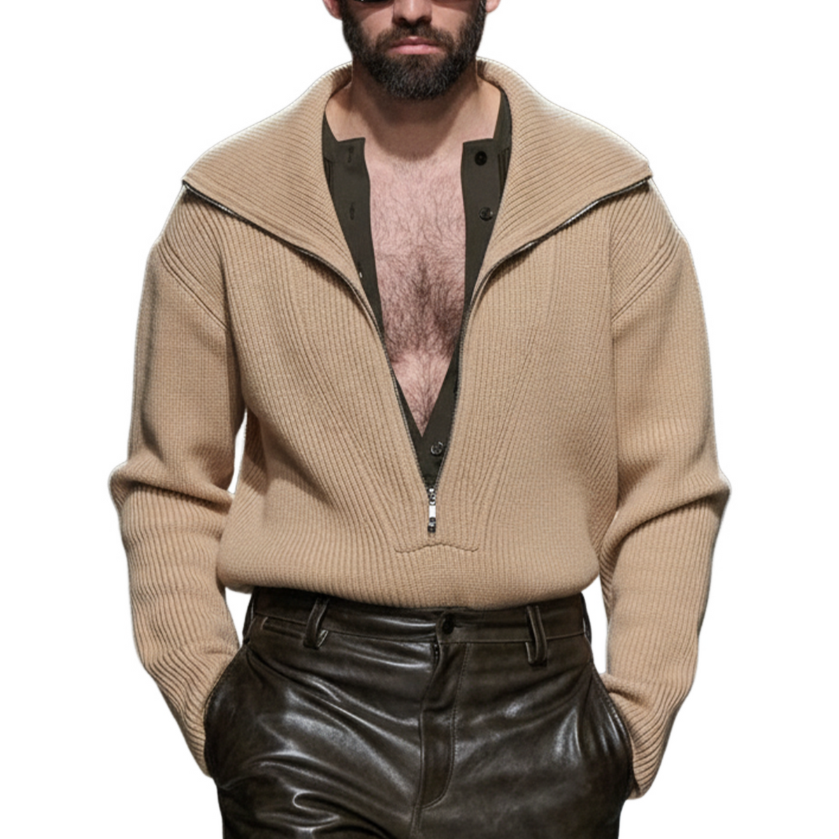 Men's Classic Retro Deep V-neck Zip-up Sweater MTA2811K5K