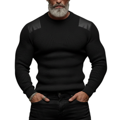 Men's Classic Casual  PU Leather Shoulder Slim Fit Crew Neck Sweater MTA2496K7K