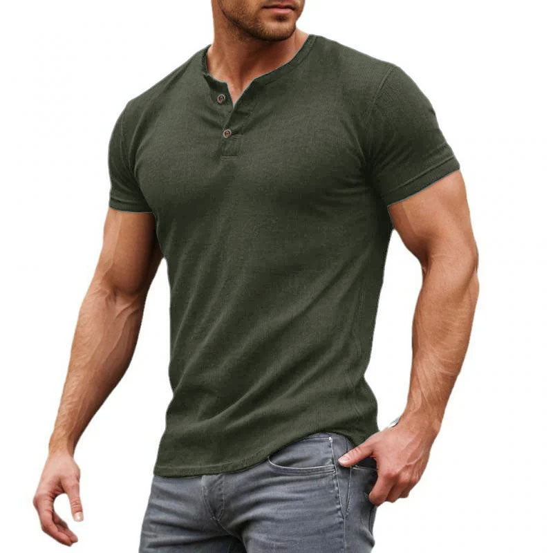 【24-hour shipping out】Men's Casual Solid Cotton Blend Slim Fit Henley Neck Short Sleeve T-Shirt 32673533M