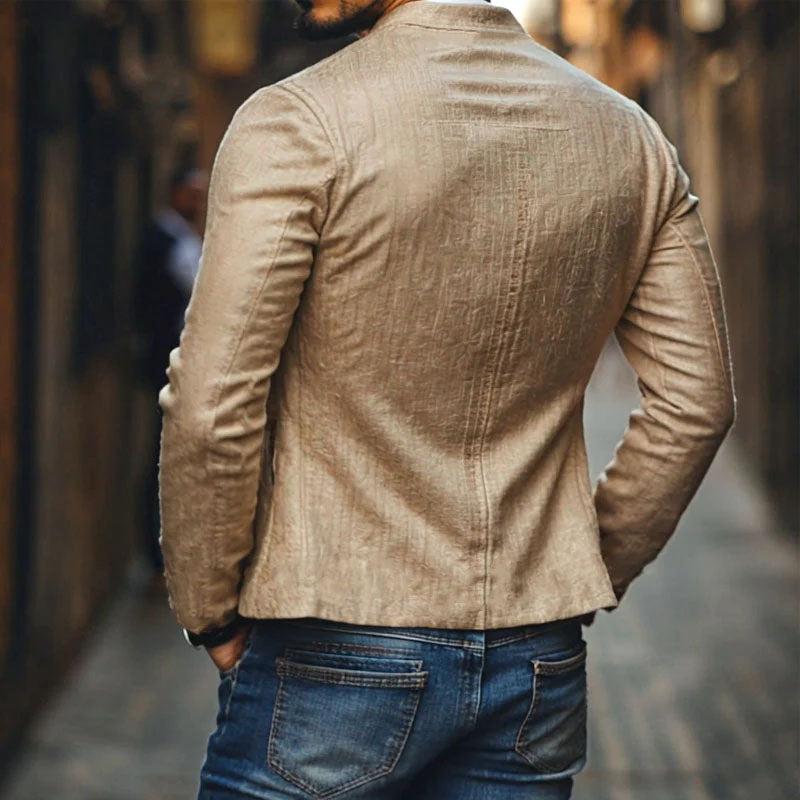 【24-hour shipping out】Men's Casual Linen Embroidered Stand Collar Single Breasted Slim Fit Jacket 48687422M