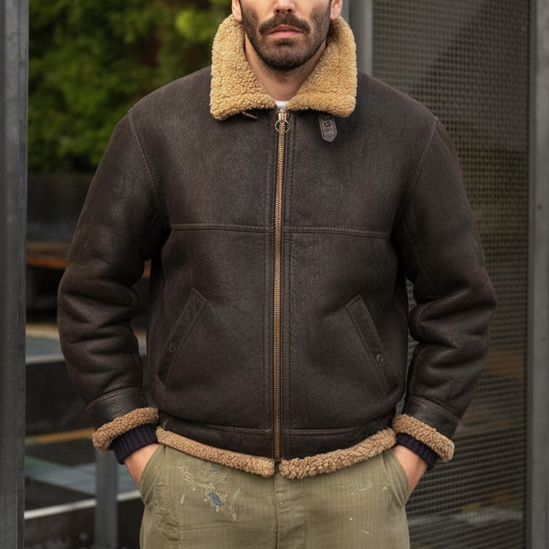 Men's Winter Warm Dark Brown PU Leather And Fleece Lining Zip-up Jacket MTA1047K5U