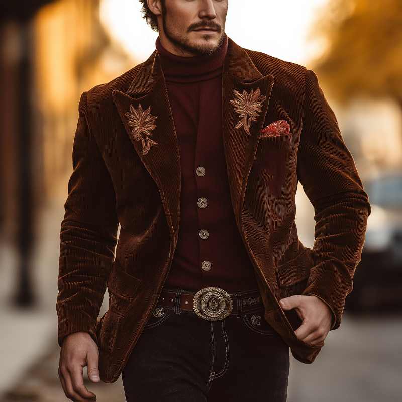 Men's Retro Minimalist Embroidered Corduroy Suit Jacket MTA2101K6P
