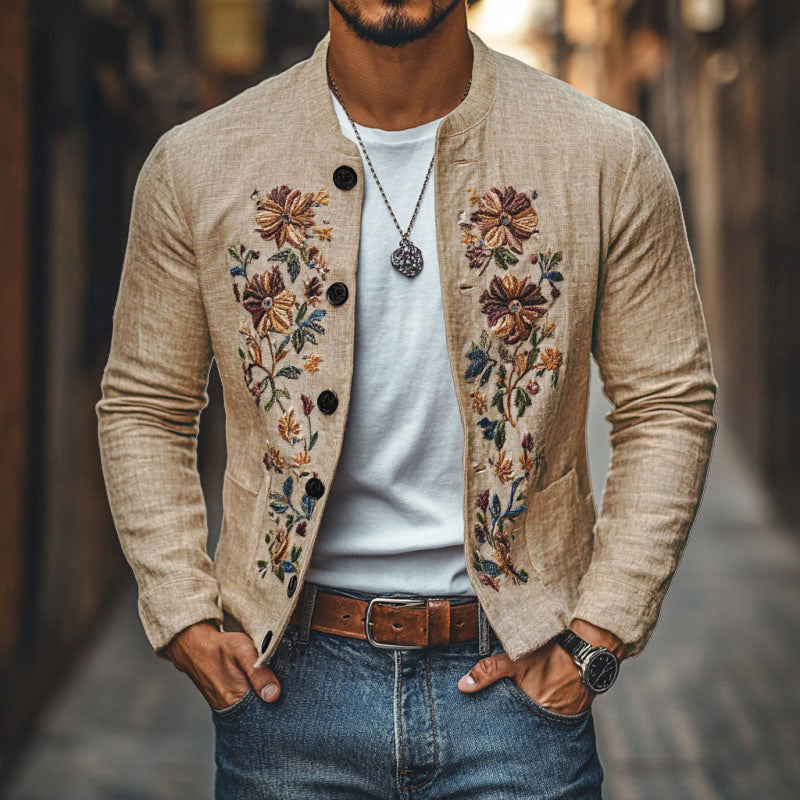 【24-hour shipping out】Men's Casual Linen Embroidered Stand Collar Single Breasted Slim Fit Jacket 48687422M