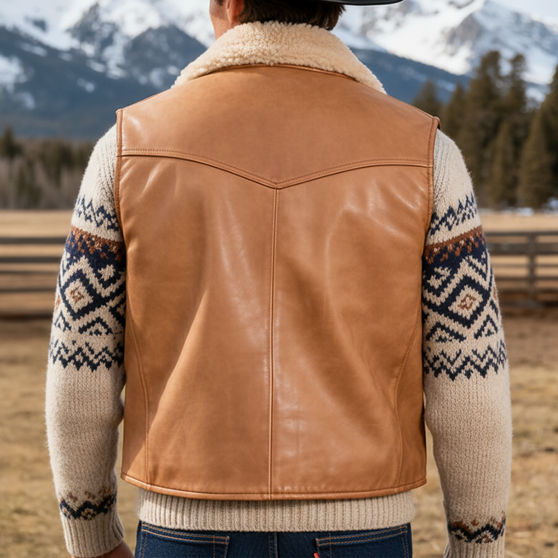 Men's Winter Retro PU Faux Leather Lambswool Collar Zipper Vest MTA0502K4P