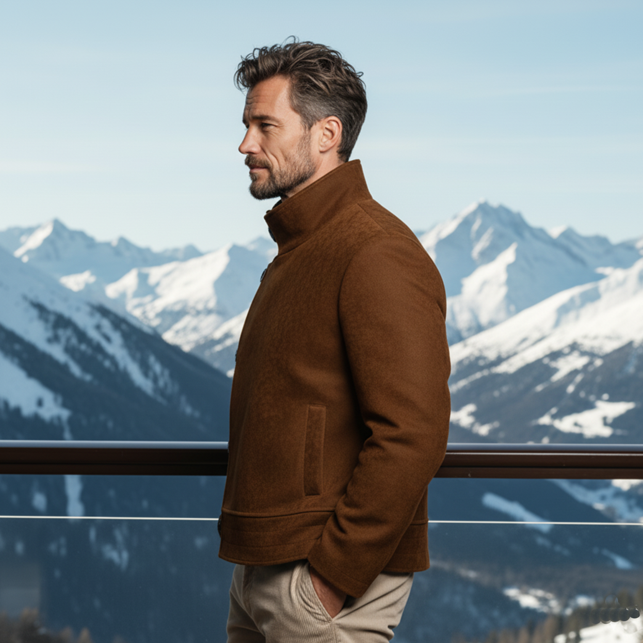 Men's Classic Retro Stand-up Collar Slanted Placket Button Faux Suede Jacket MTA0837K5K