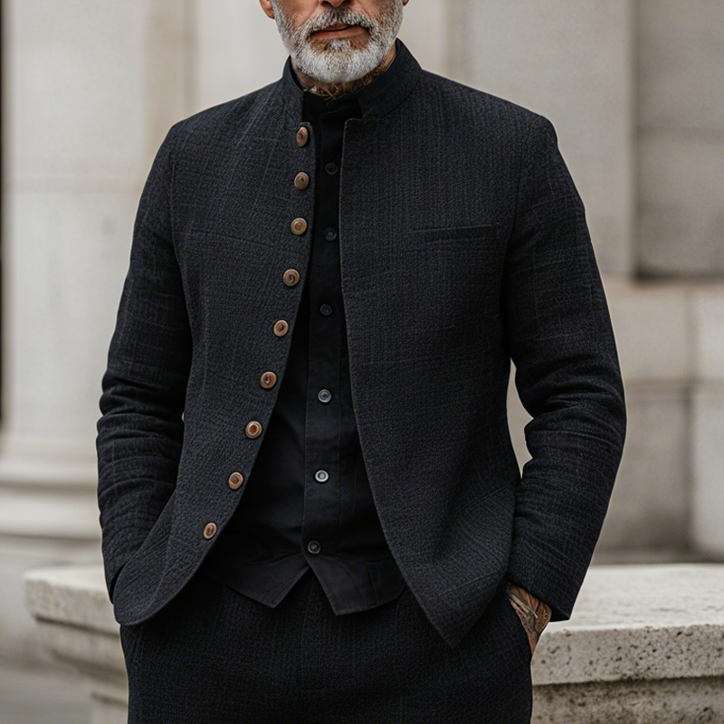 Men's Woven Textured Plaid Stand Collar Single-Breasted Jacket MTA2897H4Z