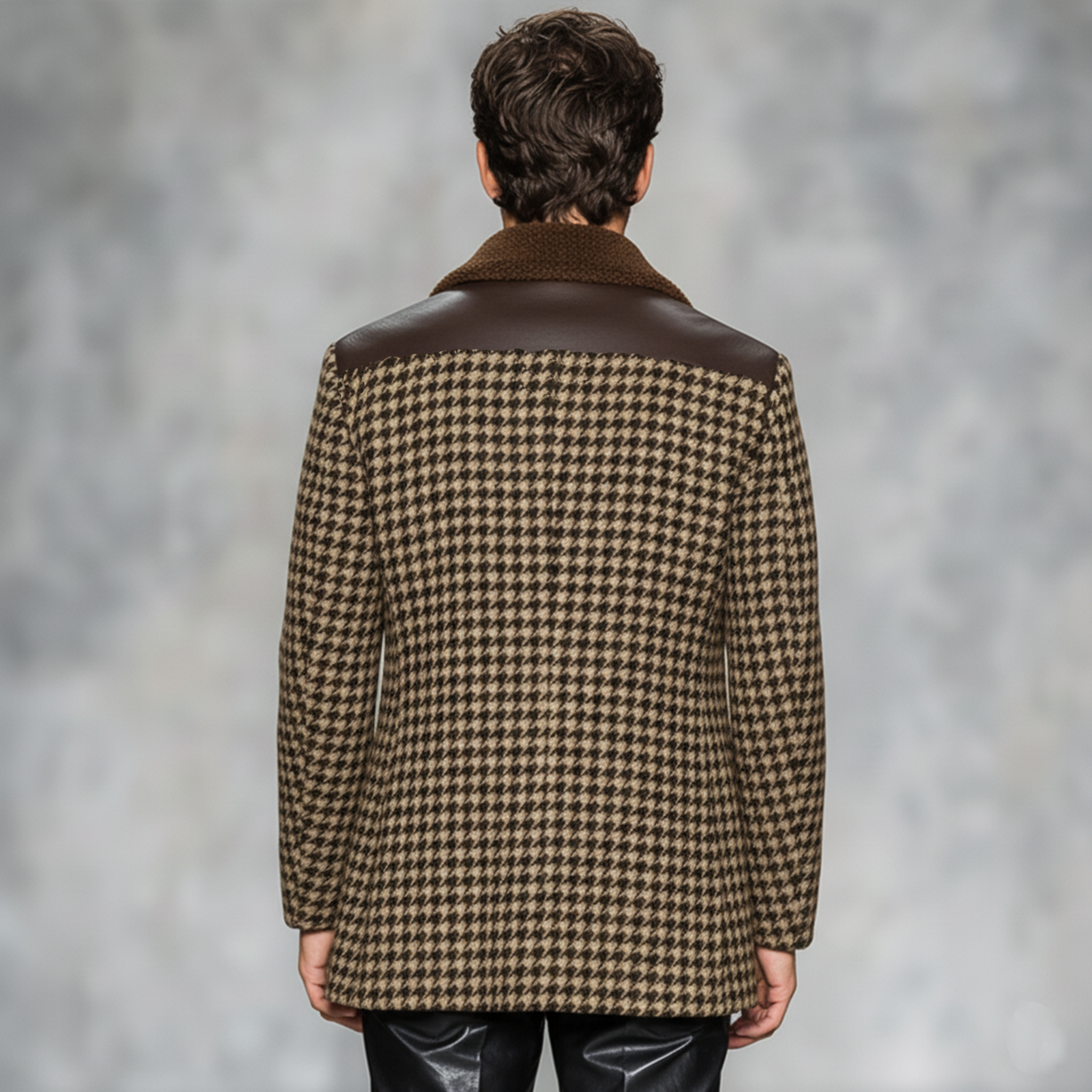 Men's Classic Casual Fleece Lapel PU Leather Single-breasted Faux Houndstooth Wool Coat MTA0496K5K