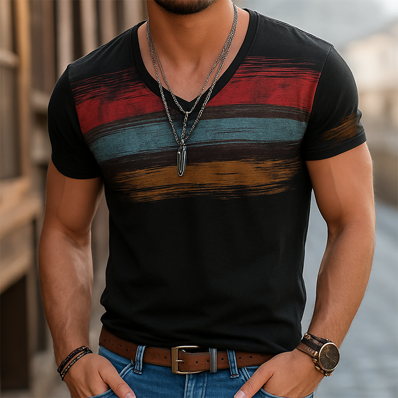 【24-hour shipping out】Men's Retro Casual Shabby Striped Printed V-Neck Short Sleeve T-Shirt MTA2517D8TO