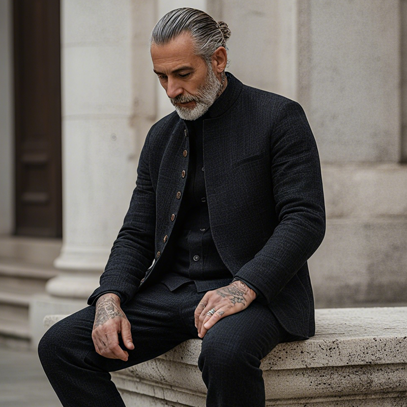 Men's Woven Textured Plaid Stand Collar Single-Breasted Jacket MTA2897H4Z