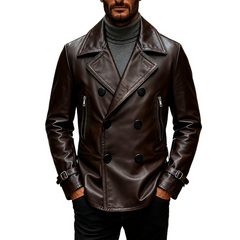 Men's Retro Solid Color Lapel Double-Breasted PU Mid-Length Leather Coat MTA1113K6X