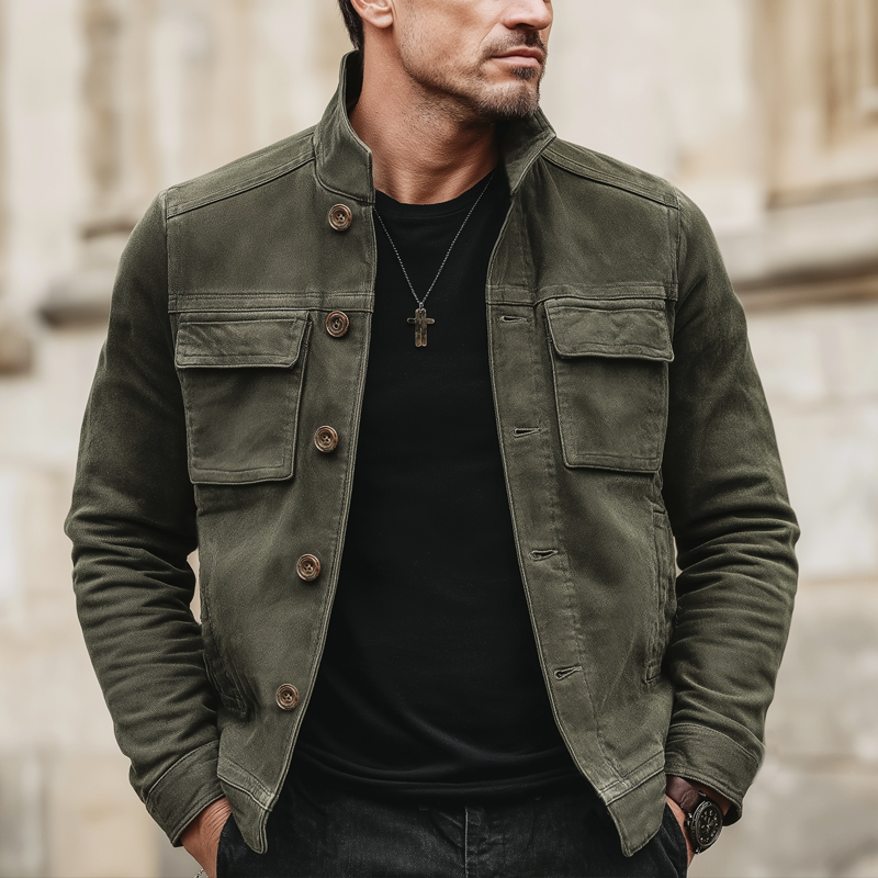 Men's Classic Army Green Stand-collar Suede Button-up Jacket MTA0158L5U