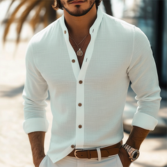 Men's Business Solid Color Textured Stand Collar Long Sleeve Shirt MTA2597J5U