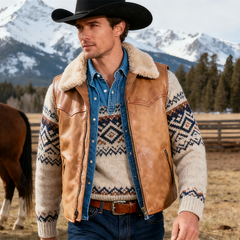 Men's Winter Retro PU Faux Leather Lambswool Collar Zipper Vest MTA0502K4P