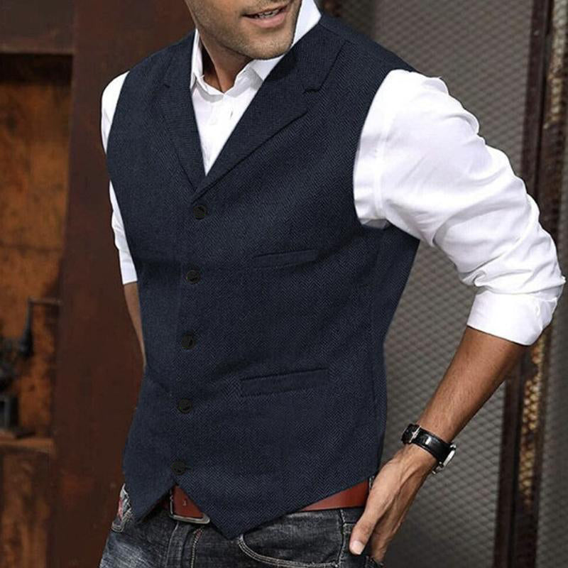 Men's Vintage Herringbone Lapel Single Breasted Slim Fit Suit Vest 34062296M
