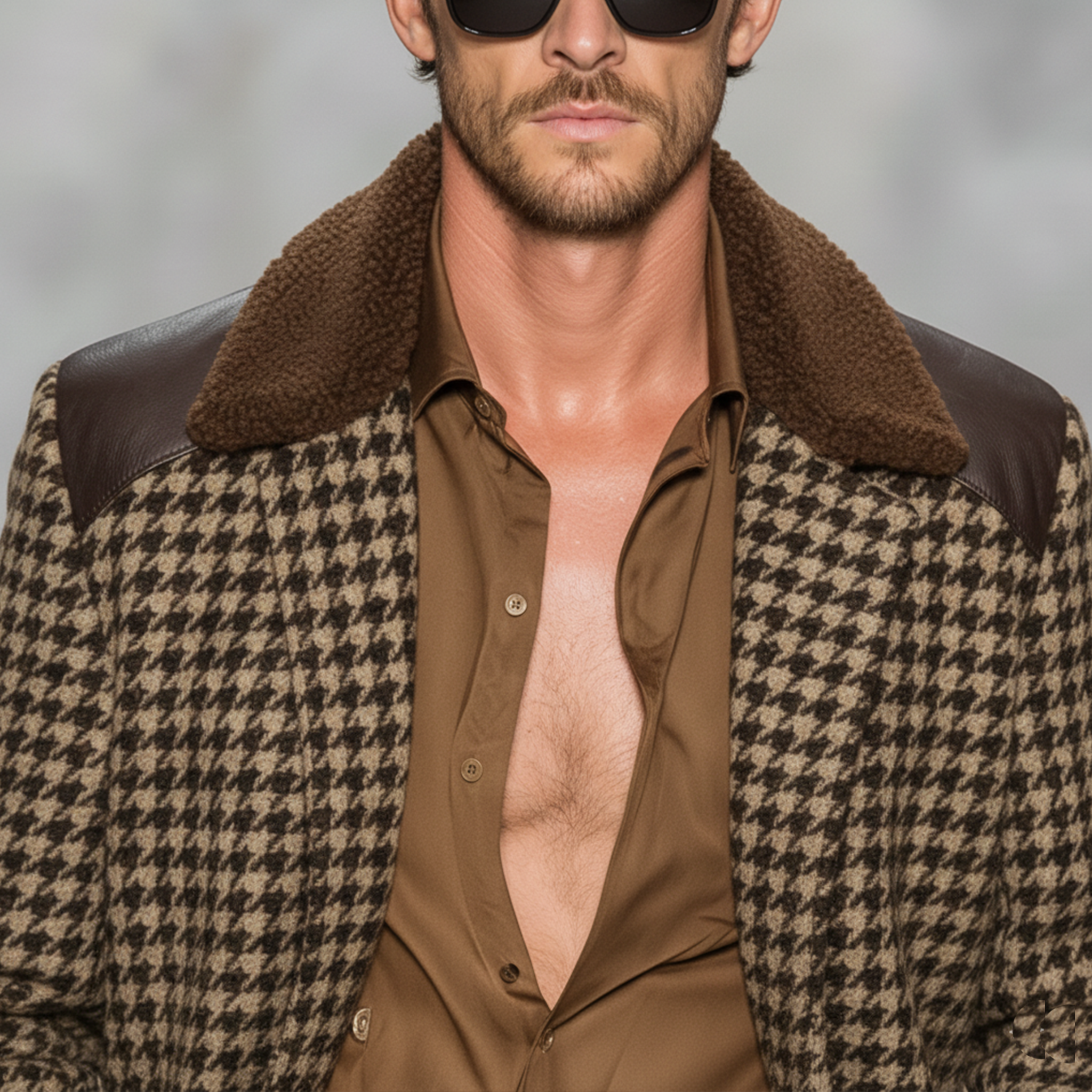 Men's Classic Casual Fleece Lapel PU Leather Single-breasted Faux Houndstooth Wool Coat MTA0496K5K