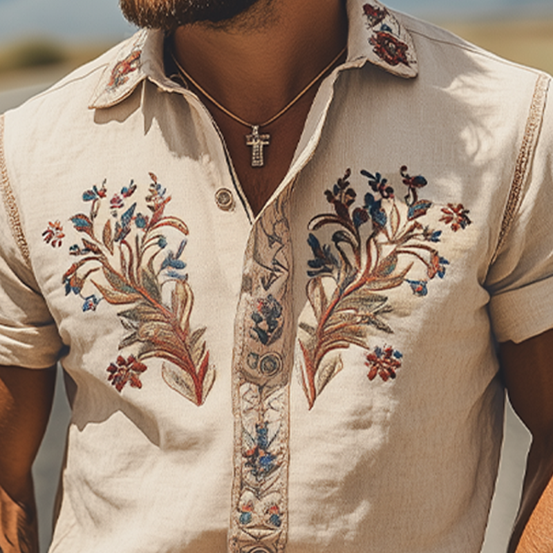 Men's Summer Fashion Classic Retro Western Style Embroidered Cotton and Linen Short Sleeve Shirt MTA2807D7K