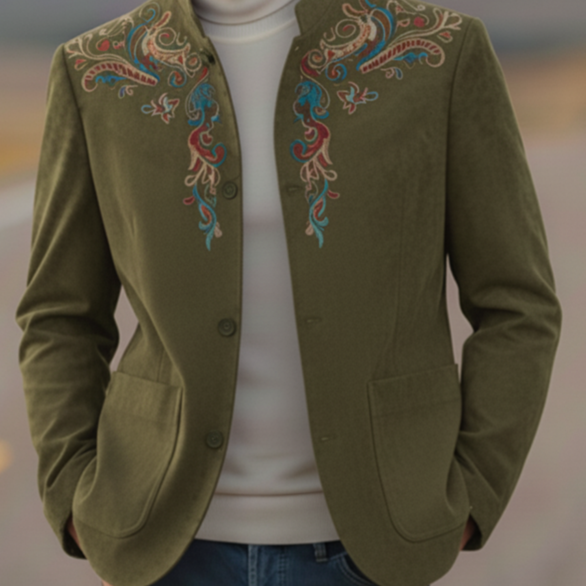 Men's Classic Retro Western Style Stand-up Collar Embroidered Faux Suede Jacket MTA1194K5K