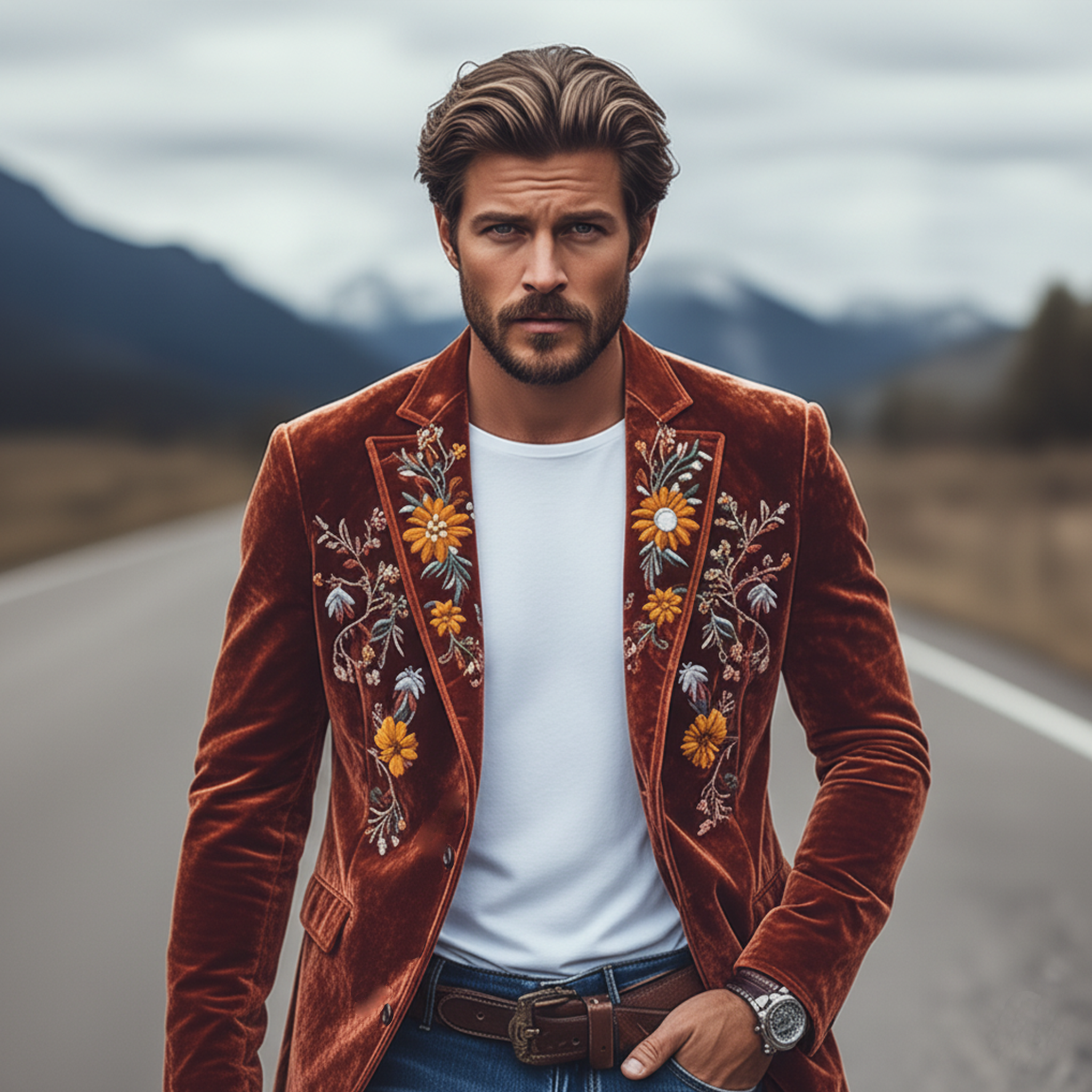 Men's Classic Retro Slim Fit Single Breasted Faux Velvet Embroidered Blazer 43171298K