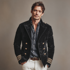 Men's Classic Retro Lapel Double-breasted Epaulette Faux Velvet Jacket MTA1581I5K