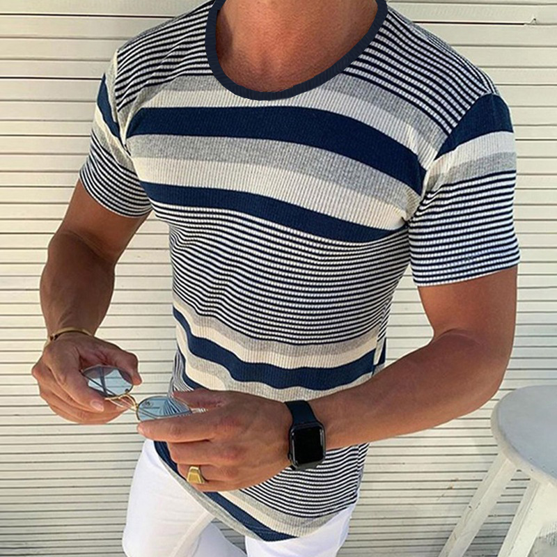Men's Spring and Summer Casual Horizontal Stripe Knit Short Sleeve T-Shirt MTA1978C7K