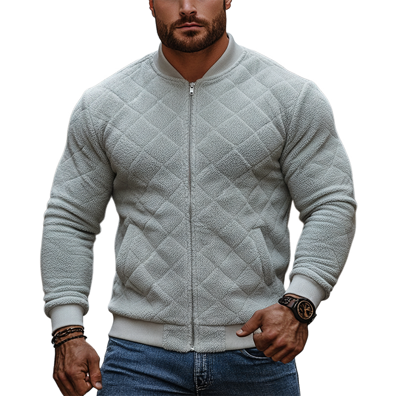 Men's Solid Color Fleece Quilted Baseball Collar Jacket MTA0124K8X