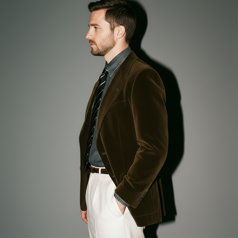 Men's Vintage Brown Velvet Two-Button Double-Vent Blazer MTA1012K6U