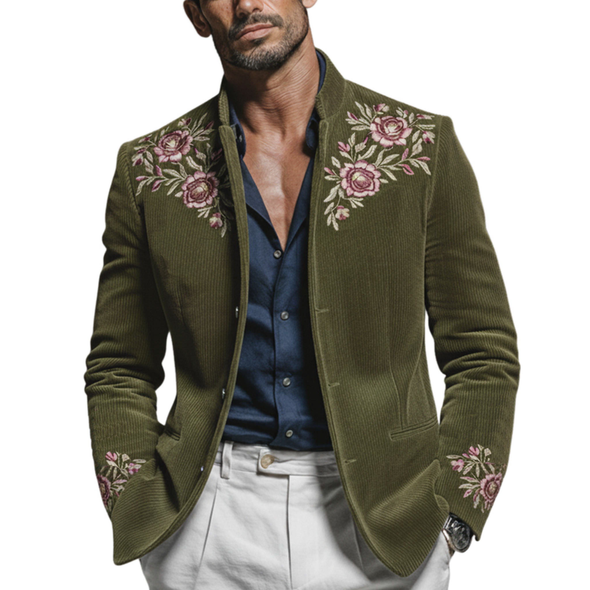 Men's Classic Retro Embroidered Corduroy Stand Collar Jacket MTA2971K4K