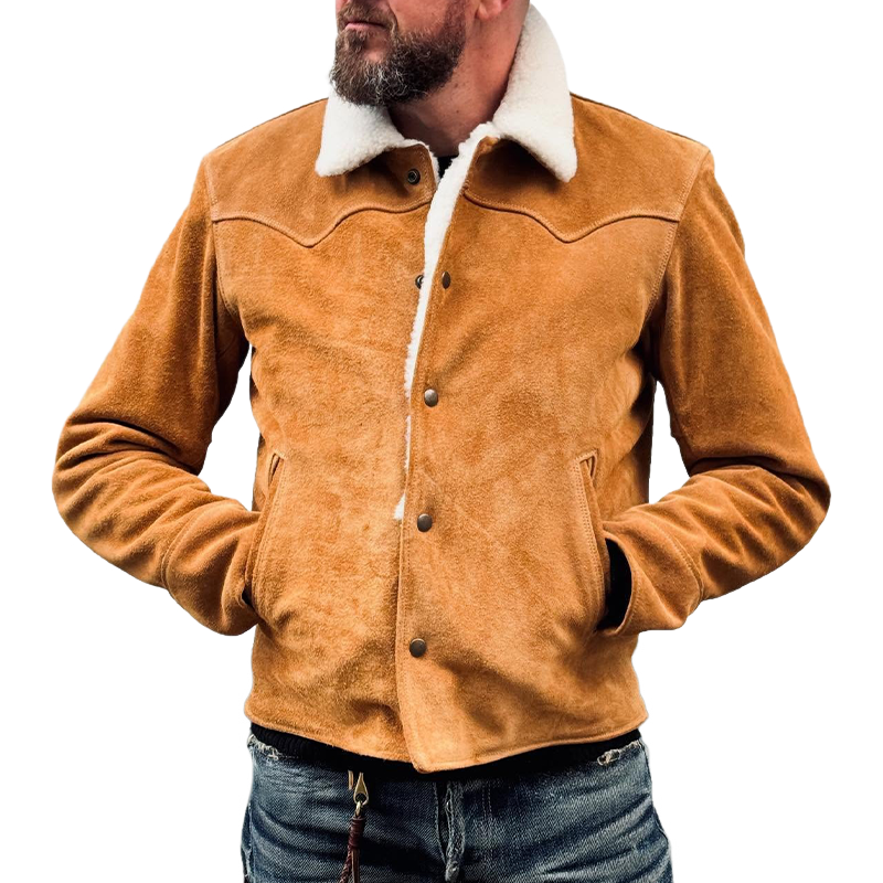 Men's Retro Solid Color Patchwork Faux Suede Lapel Button Jacket MTA0195L2X