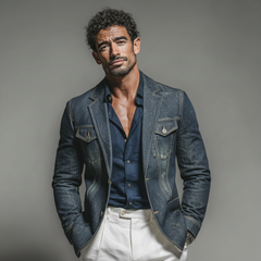 Men's Classic Casual Rugged Style Washed Denim Multi-pocket Single-breasted Blazer MTA3016K8K