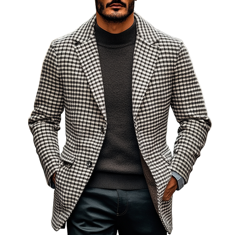 Men's Plaid Jacquard Lapel Button Mid-length Coat MTA2002K3X