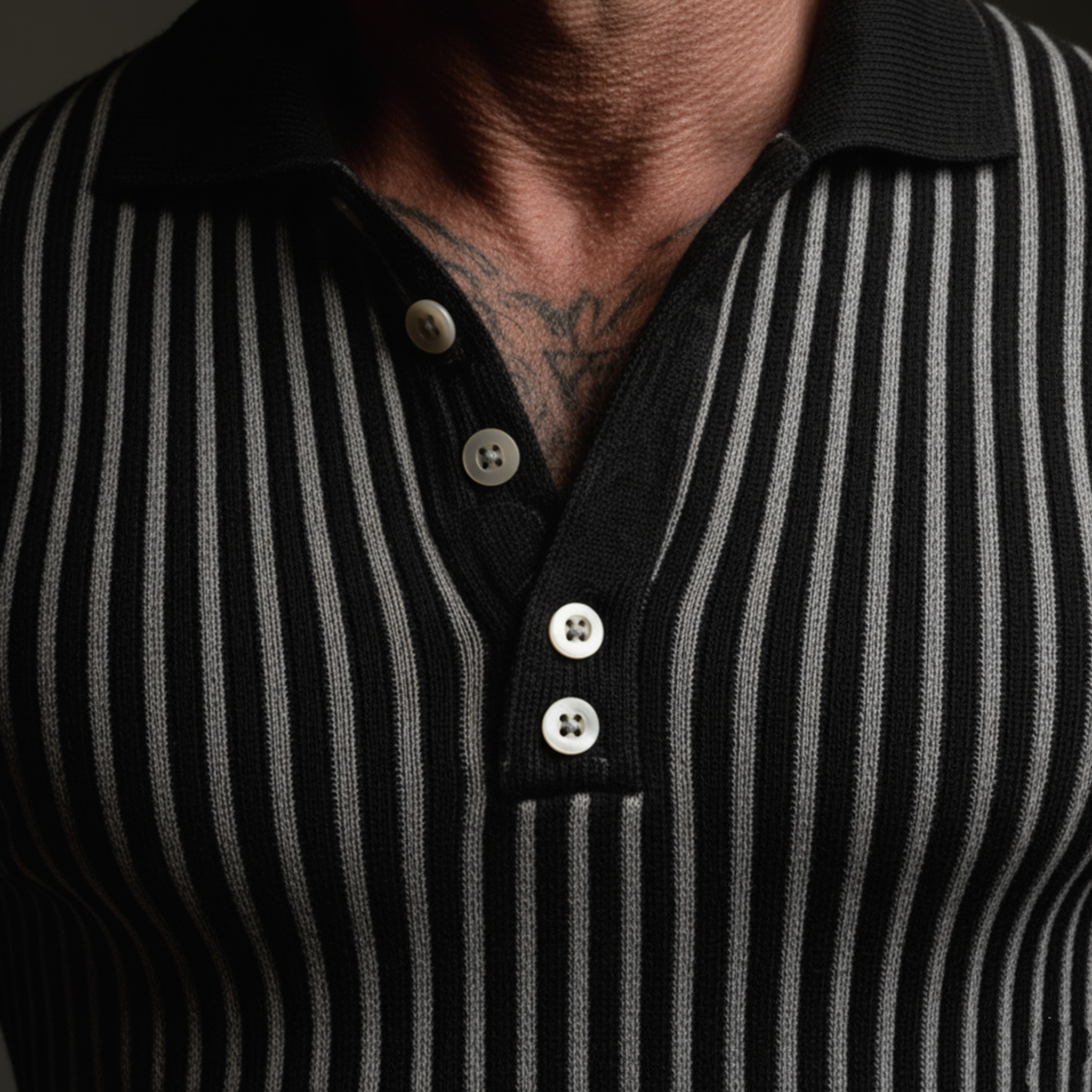 Men's Classic Polo Collar Black And White Striped Slim Fit Sweater MTA0760K5K