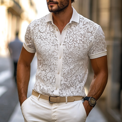 Men's Solid Lace Lapel Short Sleeve Shirt MTA2937E3Z