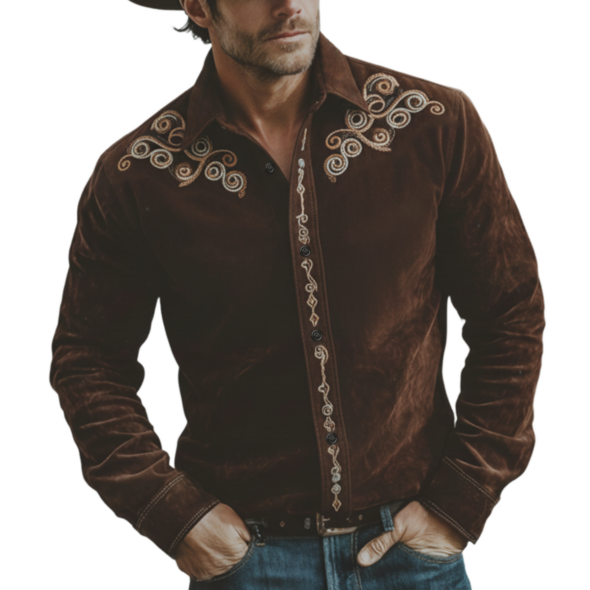 Men's Classic Retro Western Style Tough Guy Embroidered Faux Suede Long-sleeved Shirt MTA1761K6K