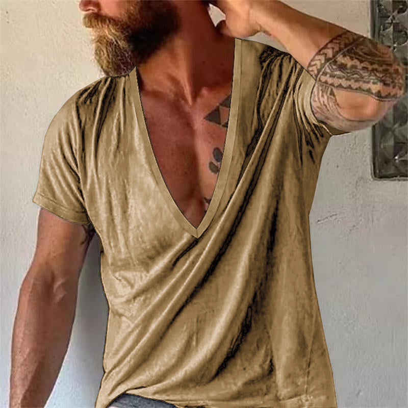 【24-hour shipping out】Men's Casual Solid Color Breathable Cotton V-Neck Short-Sleeved T-Shirt 19594146M