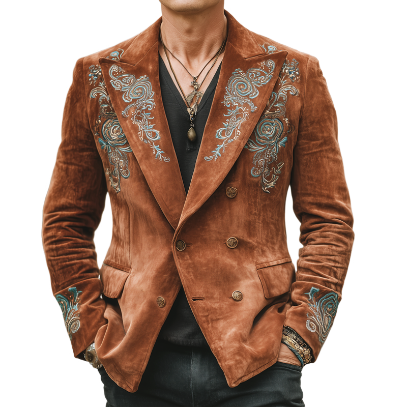 Men's Classic Double-Breasted Embroidered Suede Blazer MTA1007I6U