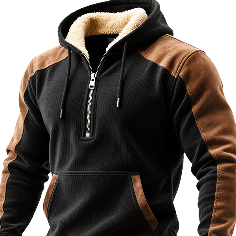 Men's Retro Contrast Faux Suede Polar Fleece Half-Zip Pullover Hoodie MTA0976J9X