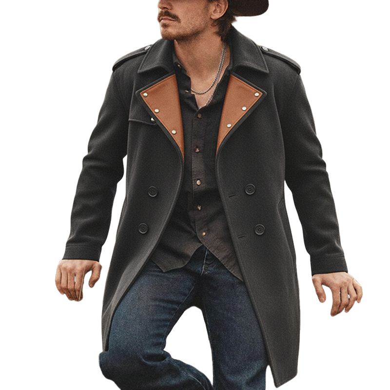 Men's Color-blocked Wool Blend Spliced PU Long Coat MTA2210K2X