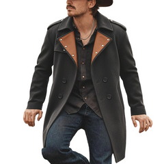 Men's Color-blocked Wool Blend Spliced PU Long Coat MTA2210K2X