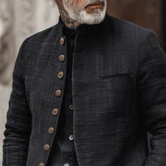 Men's Woven Textured Plaid Stand Collar Single-Breasted Jacket MTA2897H4Z