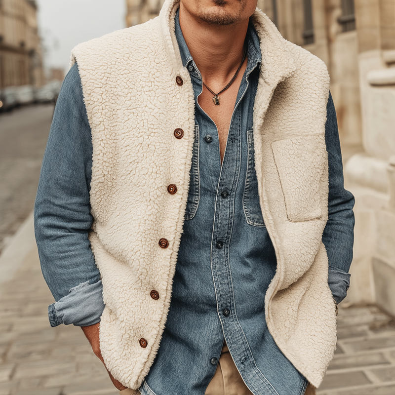 Men's Urban Warm Faux Lambskin Stand-collar Button-up Vest MTA0163L4U