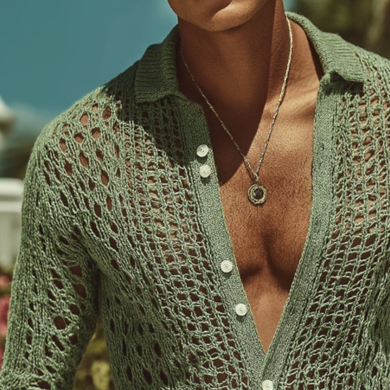 Men's Retro Casual Hollow Knit Lapel Long Sleeve Shirt MTA2892G7TO