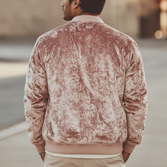 Men's Urban Light Pink Velvet Button-up Baseball Jacket MTA0470L8U