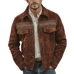 Men's Classic Retro Western Style Embroidered Lapel Faux Suede Jacket MTA2414K4K