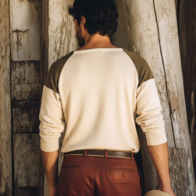 Men's Retro Color-Blocked Shoulder Crew Neck Casual Knit Sweater MTA1056K1U