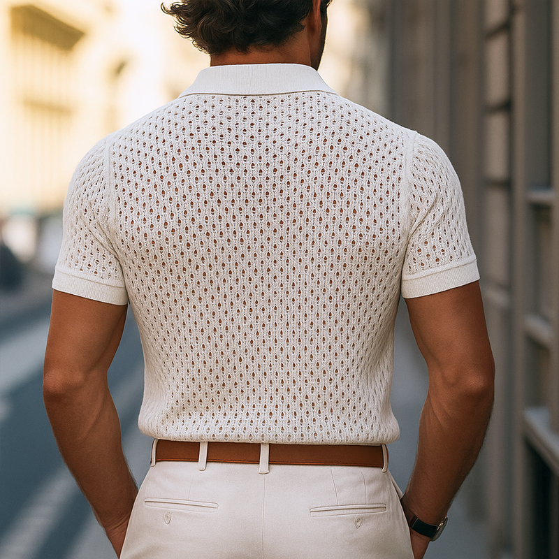 Men's Solid Hollow Out Plaid Knit Lapel Short Sleeve Polo Shirt MTA1865F2Z