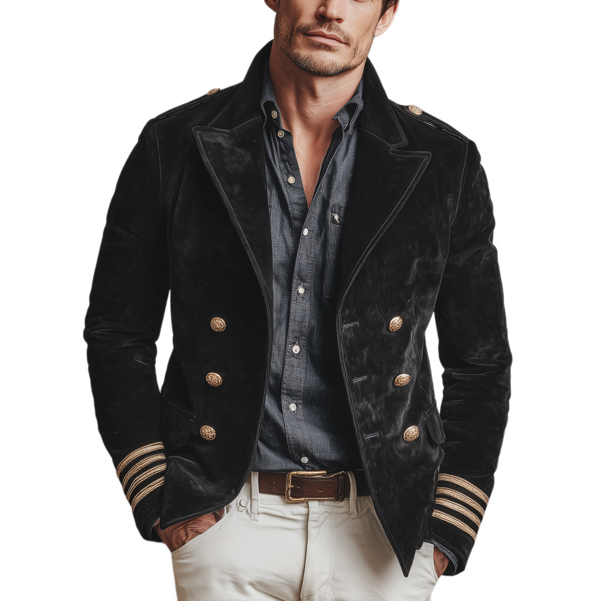 Men's Classic Retro Lapel Double-breasted Epaulette Faux Velvet Jacket MTA1581I5K