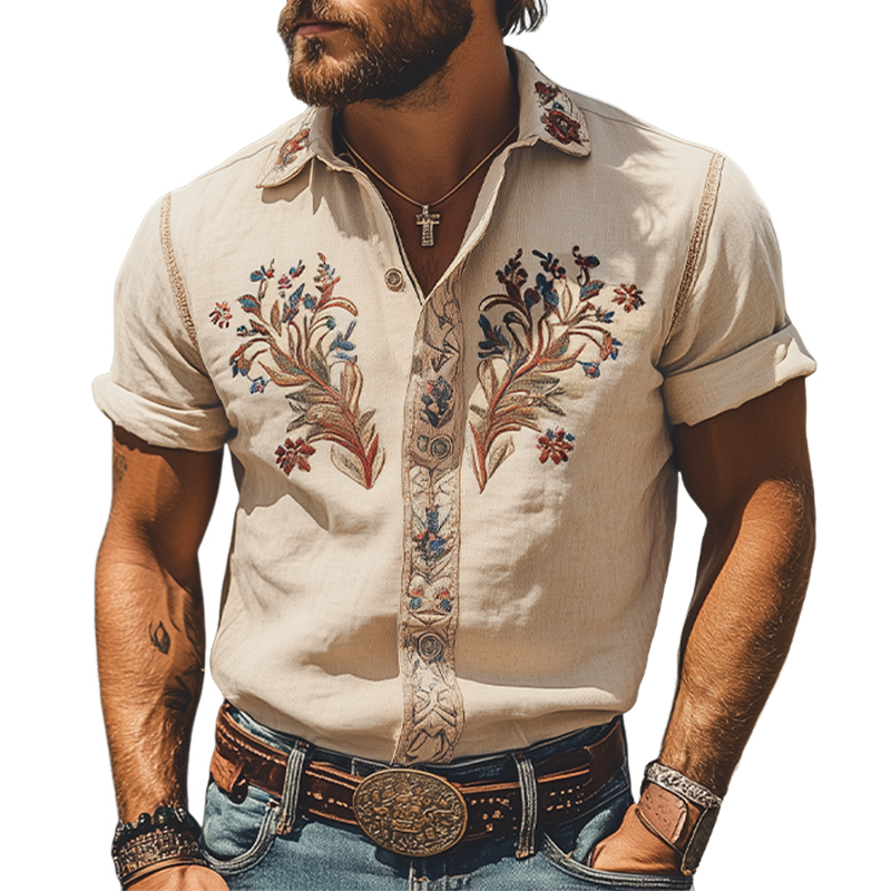 Men's Summer Fashion Classic Retro Western Style Embroidered Cotton and Linen Short Sleeve Shirt MTA2807D7K