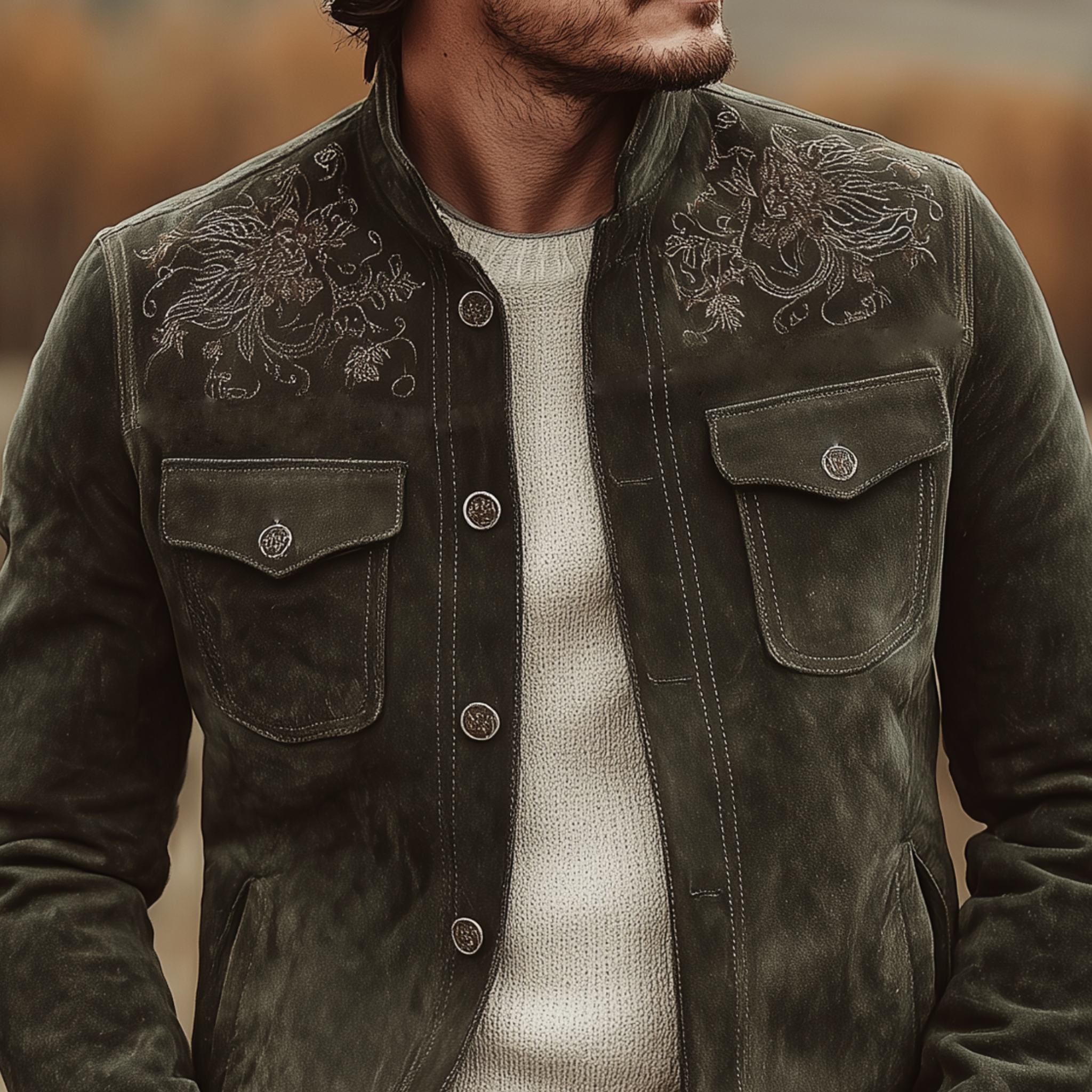 Men's Classic Retro Western Style Embroidered Stand-up Collar Faux Suede Jacket MTA2426K5K